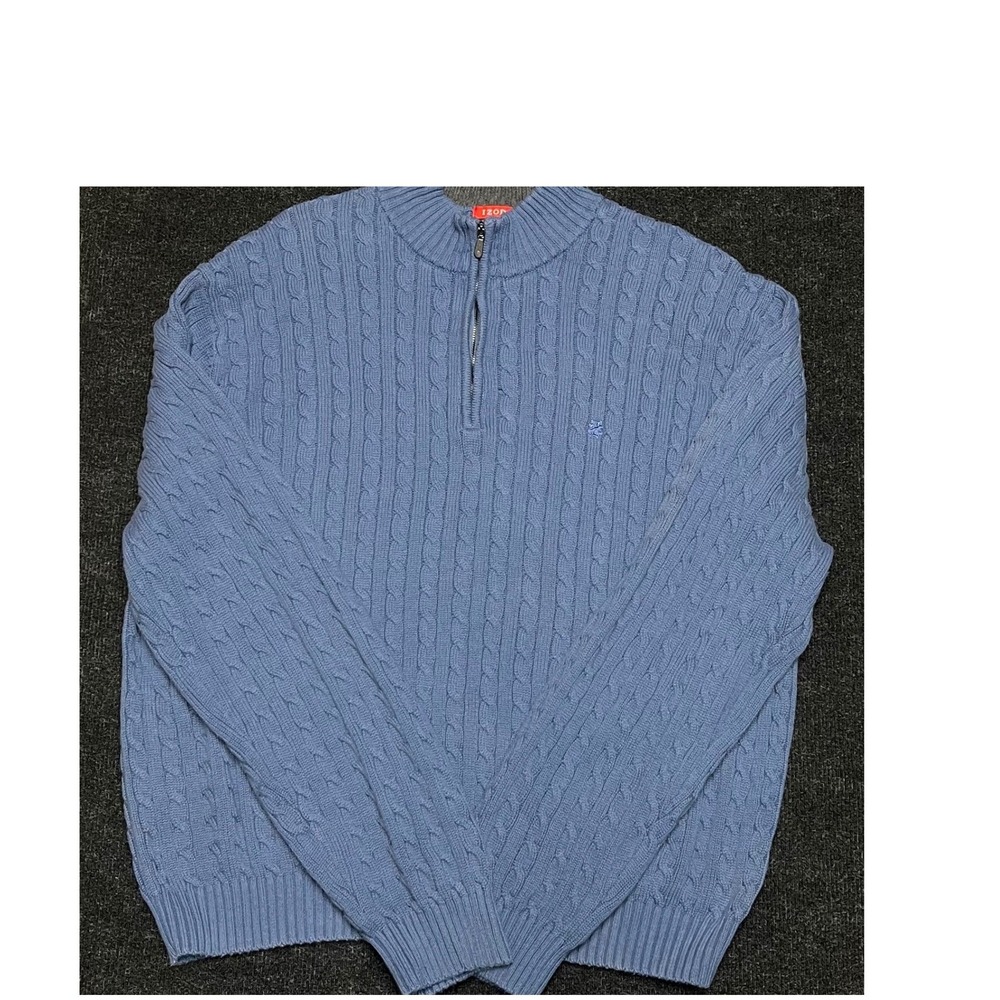 Izod Mens XXL Blue Cable Knit Quarter Zip Mock Neck Sweater Long Sleeve Pullover